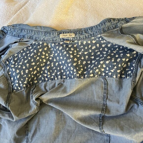 Per Se Shirt Denim Studs Roll Flip Sleeve Floral Blue 1X Button Hippie Boho Y2K - Picture 13 of 16